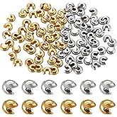 SOFPLATE 1 Box 200Pcs 6mm Round Crimp Beads Gold Crimp Beads Silver Brass Small Half Open Knot Copper Stopper Crimp Bead Covers for Jewelry Making Necklaces Bracelets Earrings Supplies DIY Crafts