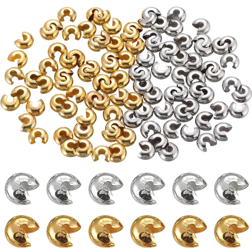SOFPLATE 1 Box 200Pcs 6mm Round Crimp Beads Gold Crimp Beads Silver Brass Small Half Open Knot Copper Stopper Crimp Bead Covers for Jewellery Making Necklaces Bracelets Earrings Supplies DIY Crafts