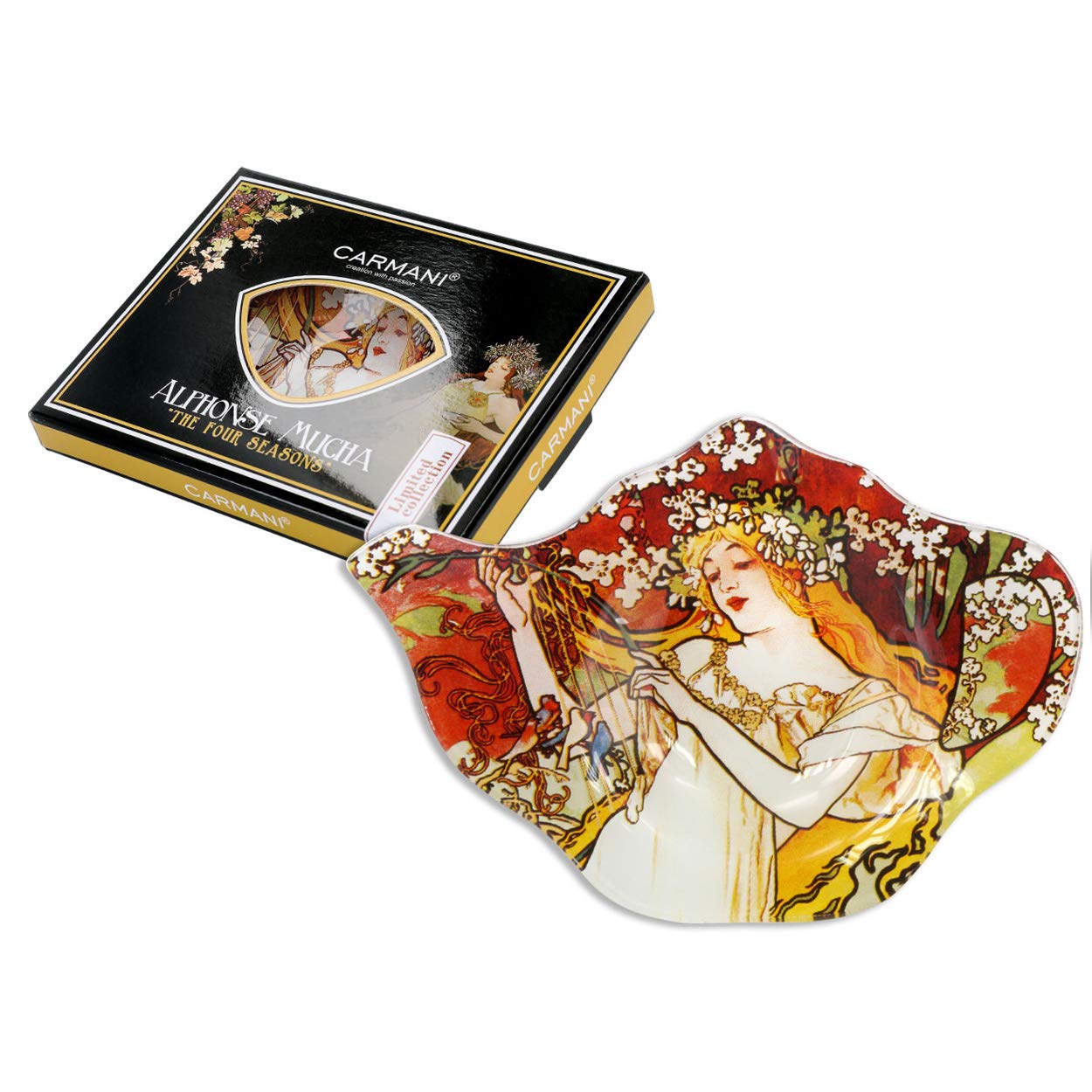 CARMANI - Elegant Glass Tea Bag Holder Dish in Teapot Shape with 'Four Season Spring' by Alphonse Mucha