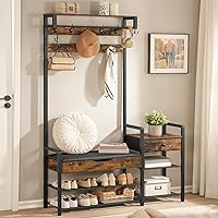 HOOBRO Hall Tree with Bench, Shoe and Coat Rack for Entryway, Coat Rack with Bench, Flip Top Storage Box, PU Cushioned Seat, 