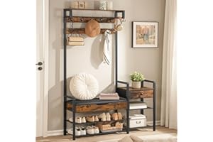 HOOBRO Hall Tree with Bench, Shoe and Coat Rack for Entryway, Coat Rack with Bench, Flip Top Storage Box, PU Cushioned Seat, 