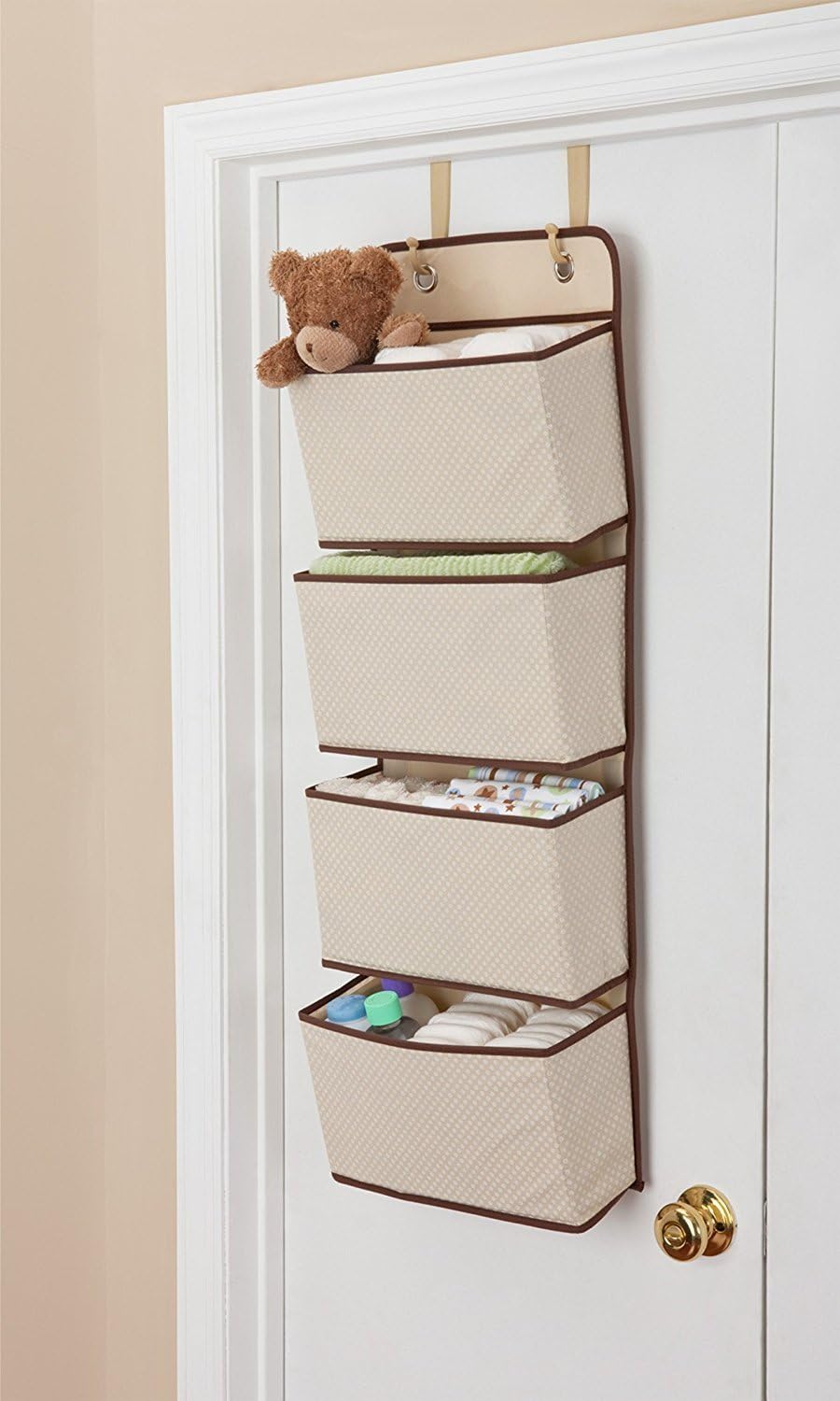 Dreamsy Hanging Closet Organizer, 4-Pockets Wall Mount/Over Door Storage for Toys Purses, Keys, Sunglasses - Beige - Image 4