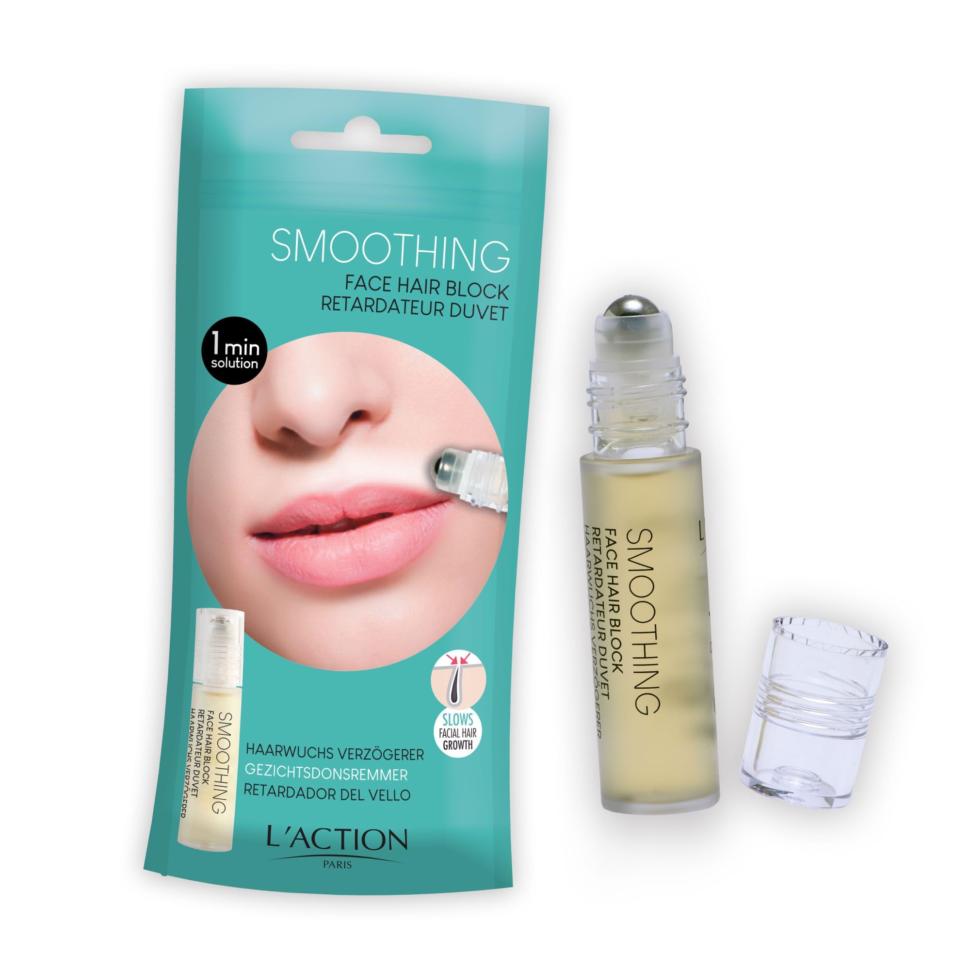 L'Action Paris Smoothing Face Hair Block, Serum Slows Facial Hair Growth, Hair Inhibitor, Easy to Use Rollerball Applicator, Plant Extract Forumulation, Daily Face Serum 10ml