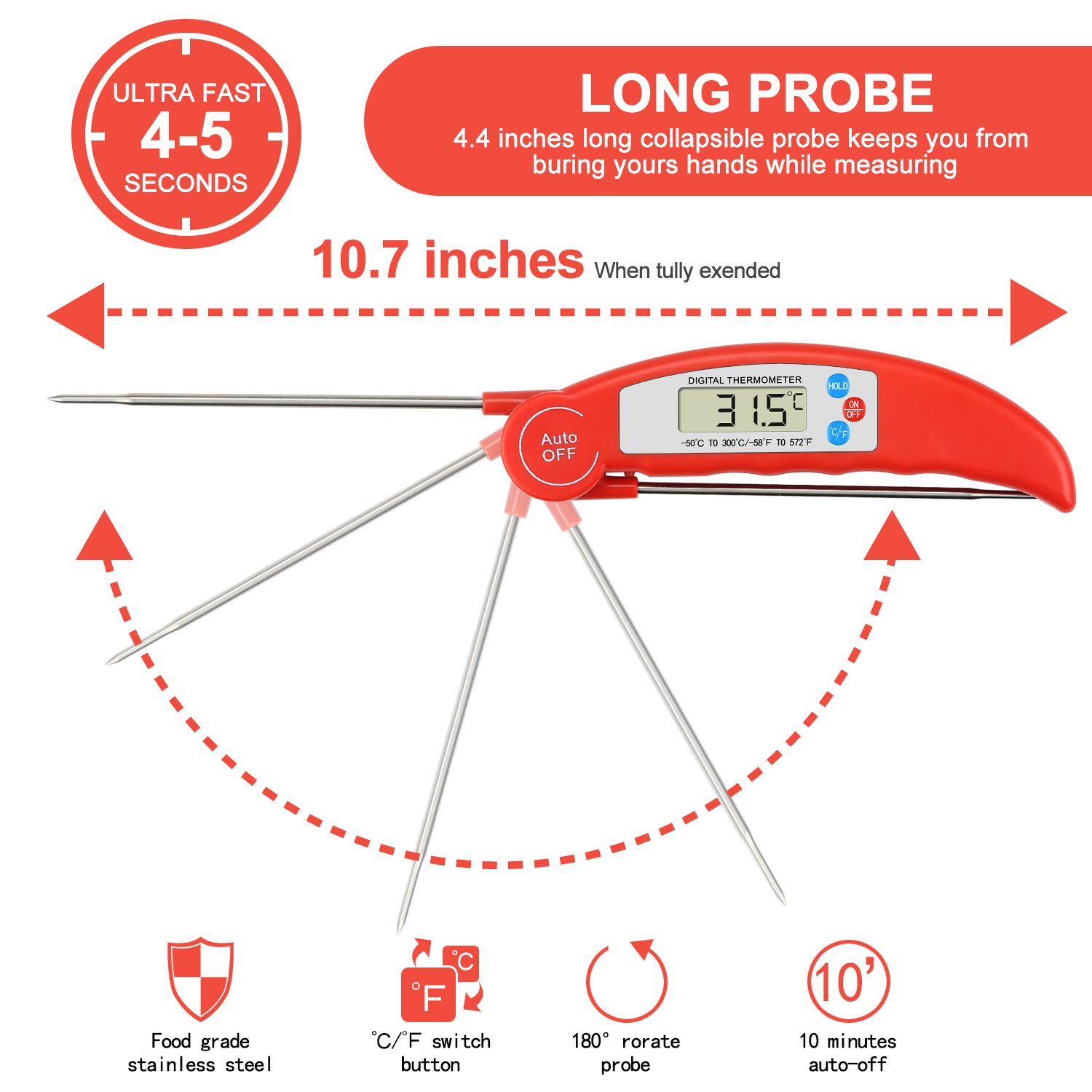 Meat Thermometer,BBQ Thermometer Digital Meat Thermometer Cooking Thermometer Instant Read Thermometer Food Thermometer Kitchen Thermometer for BBQ Grill Smorker Food Meat Milk Tea etc (Red)