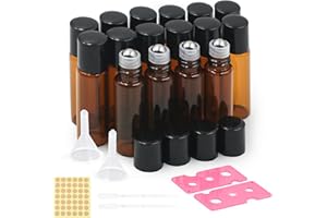 Amber Glass Roller Bottles,with Stainless Steel Roller Balls, Openers, Funnels, Droppers, Stickers, for Perfumes, Aromatherap