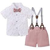 SOLOYEE Toddler Baby Boy Outfits 1-6T Boys Dress Clothes Suit Cotton Linen Short Sleeve Shirts+Bowtie+Suspender Shorts Set