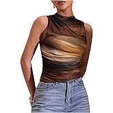 Milumia Women's Tie Dye Mock Neck Mesh Tank Tops Ruched Sleeveless Shirts