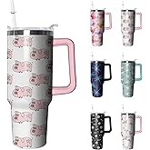 40oz Pig Stainless Steel Tumbler with Handle and Straw, Insulated Cup Travel Coffee Mug Water Bottle with Lid and Straw, Animal Lovers Women Gifts