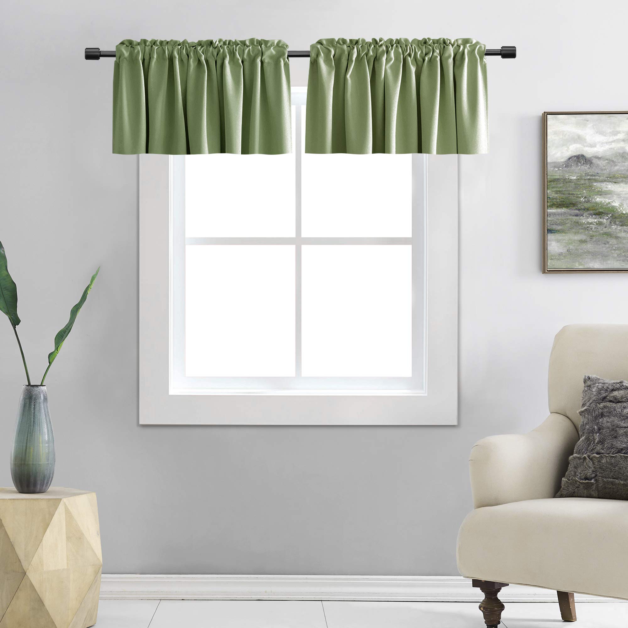 DONREN 2 PCS Sage Green Curtain Valances for Kitchen - 15 Inches Long Room Darkening Rod Pocket Valances (42 x 15 Inch,2 Panels)