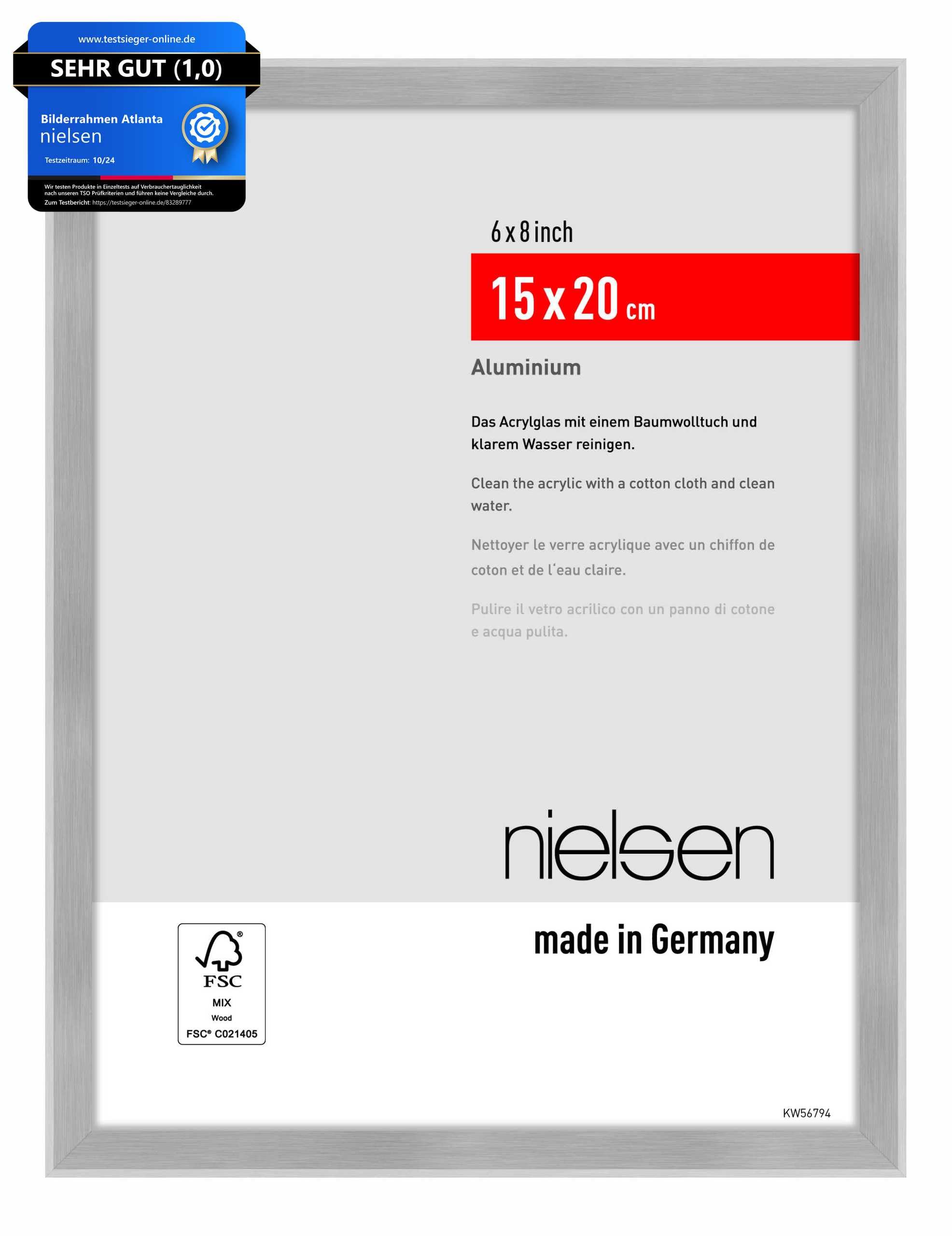 nielsen Atlanta Aluminium Picture Frame - Brushed Silver 15x20cm - with Synthetic Glass and Push-Turn Clips