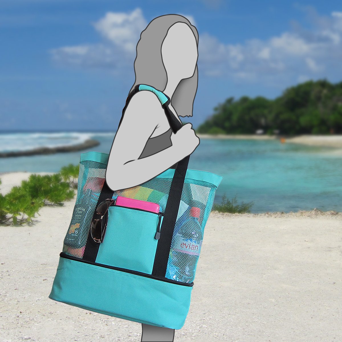 Odyseaco Aruba Mesh Beach Tote Bag with Zipper Top and Insulated Picnic