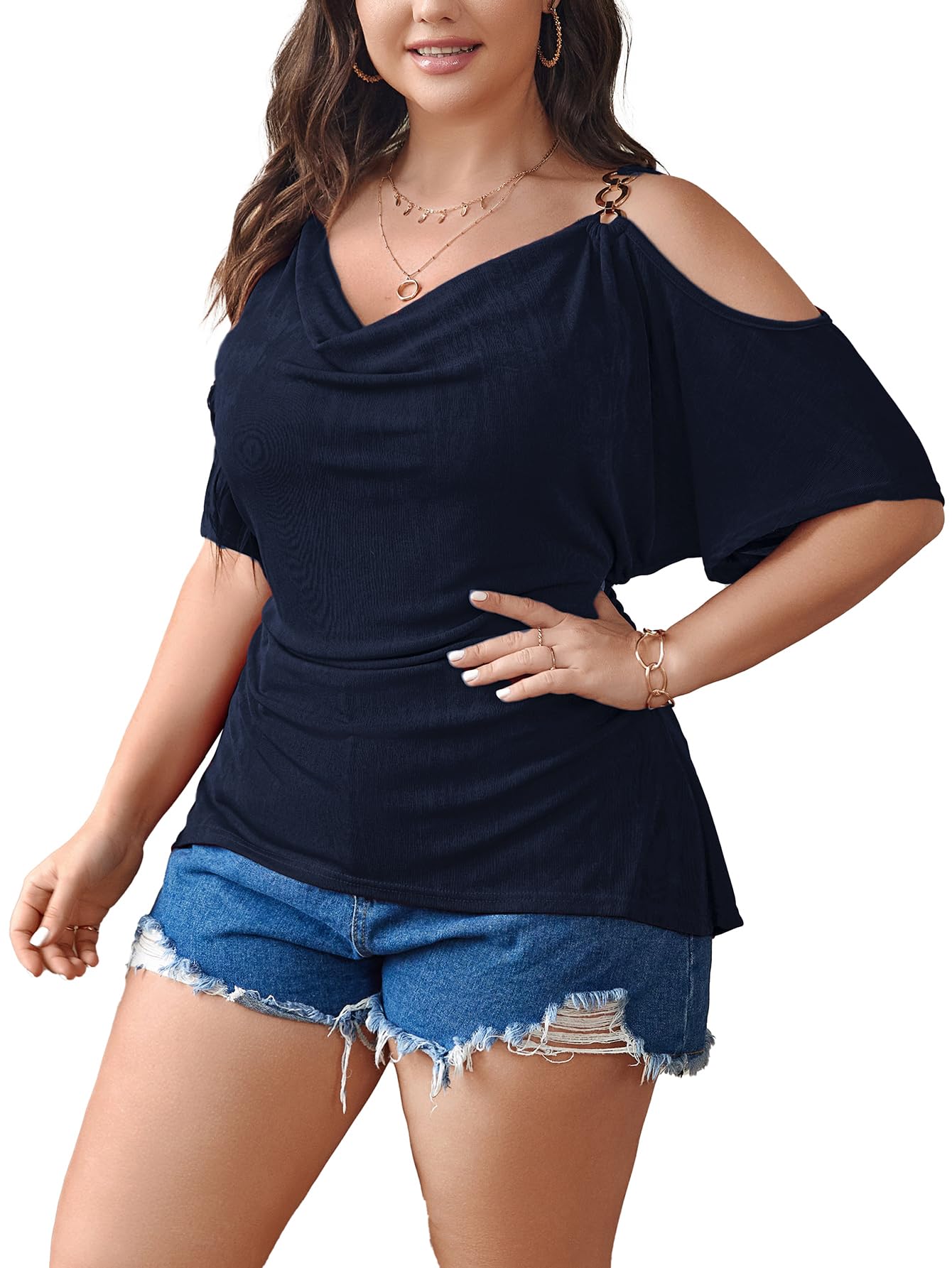 Photo 1 of SCOMCHIC Womens Plus Size Summer Tops Cold Shoulder V Neck Batwing Half Sleeve Blouse Casual Loose Fit Tunic Shirts NavyBlue 3XL
