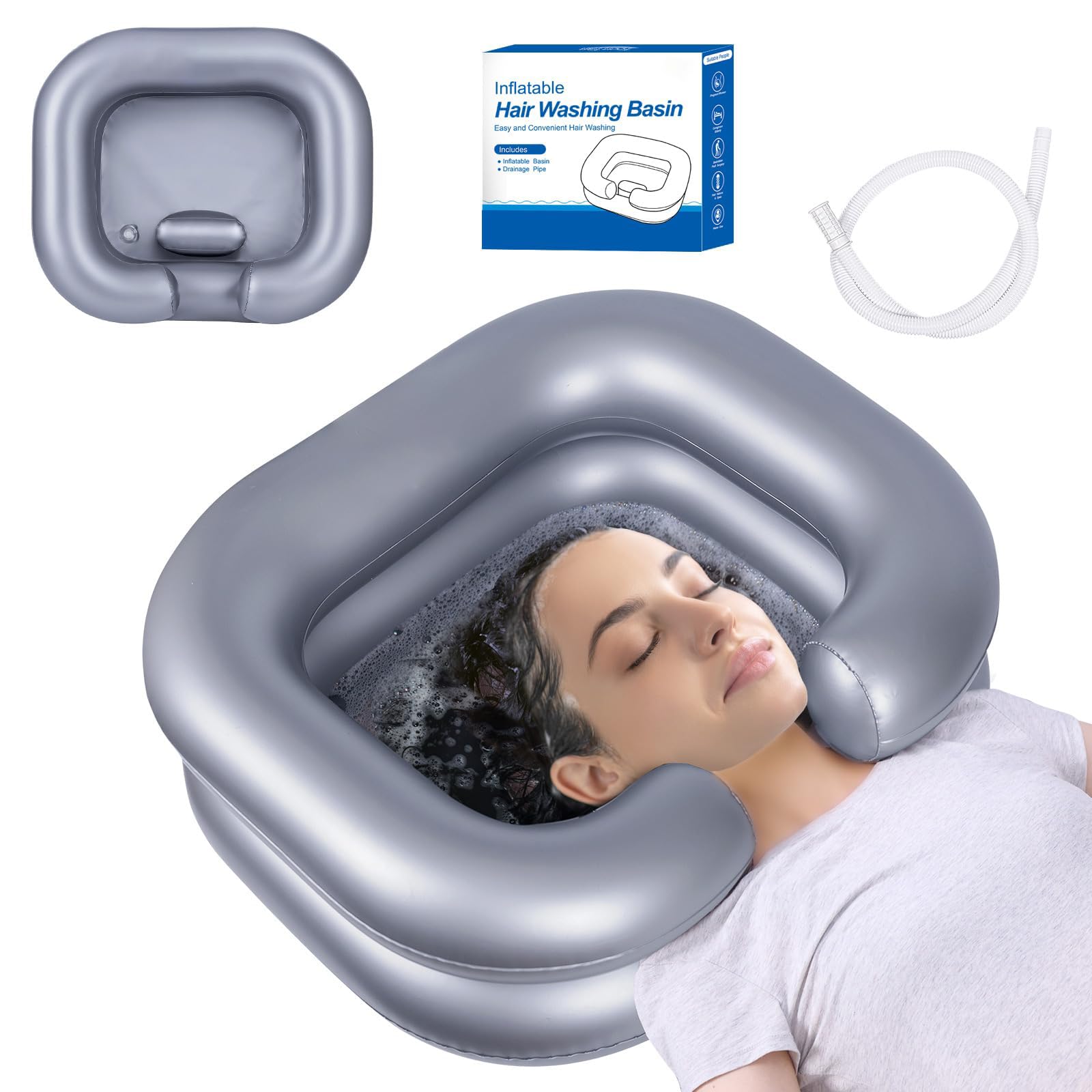 Inflatable Hair Washing Basin & Portable Shampoo Bowl - Adjustable for Bedridden, Disabled, Elderly, Injured & Children | Leakproof Design for Pregnant Women & Home Care | Compact Foldable (Silver)