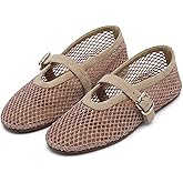 Women's Mesh Ballet Flats Buckle Strap Comfortable Ballerina Shoes Ladies Clear Fishnet Wide Width Flats for Women Slip-on Casual Dress Mary Jane Flats Fall 2025