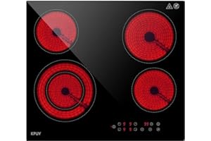 KPUY Electric Cooktop 24 Inch - 4 Burner Electric Cooktop & Electric Ceramic Cooktop, Electric Stove Top Sensor Touch with 9 Heating Level&Timer, 6000W, 220-240V for Hard Wire(No Plug)
