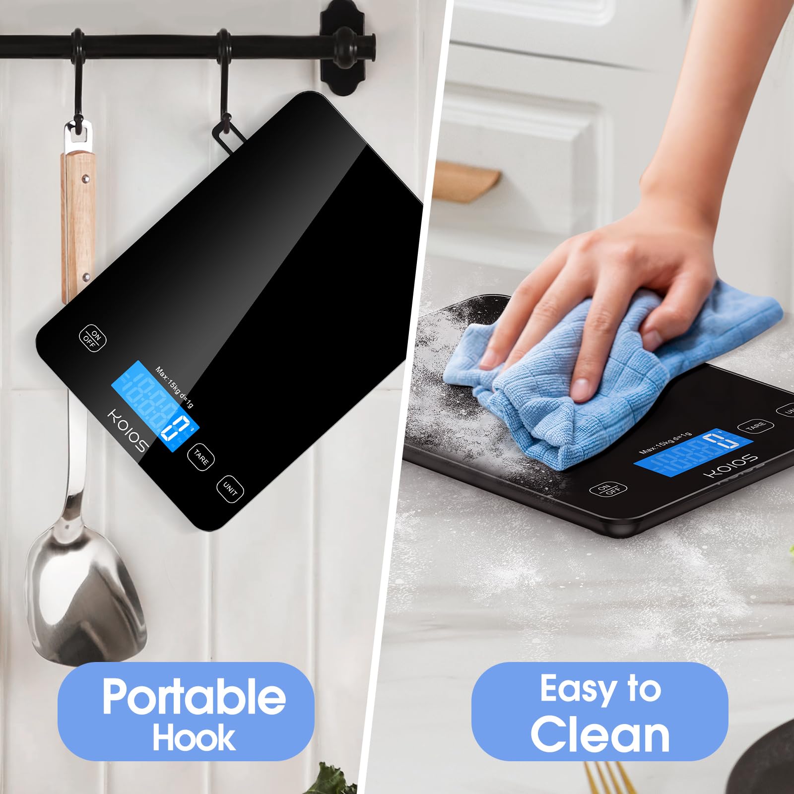KOIOS Food Scale, 33lb/15kg Digital Kitchen Scale Weight in Grams and Ounces for Cooking Baking, 1g/0.1oz Precise Graduation, Batteries and Type-C Charging, Tare Function, LCD Display, Black