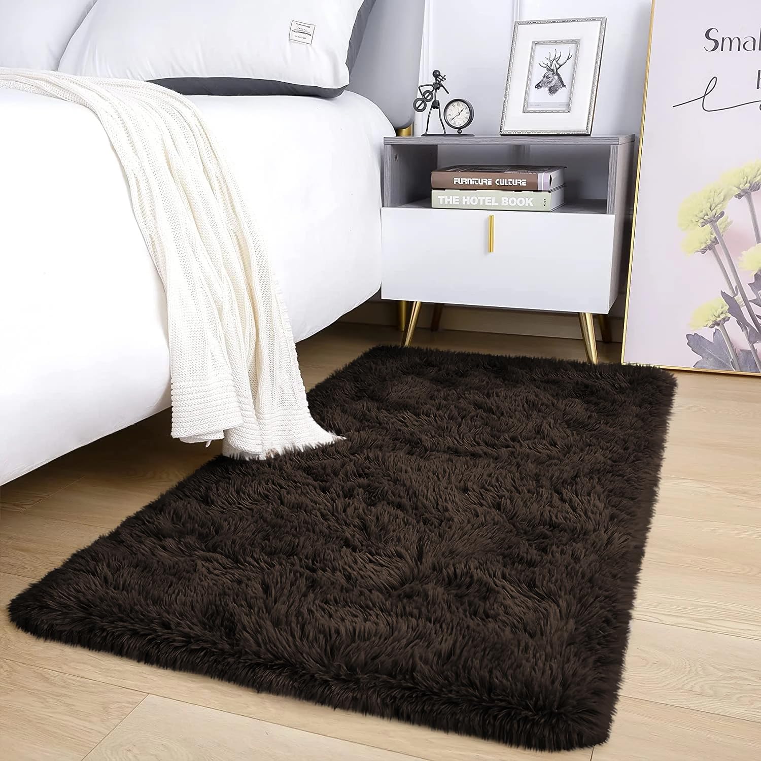 AMEHA Brown Shaggy Rug 60x110 cm Fluffy Soft Non Slip Runner Hallway Rugs Bedroom Entryway Carpet