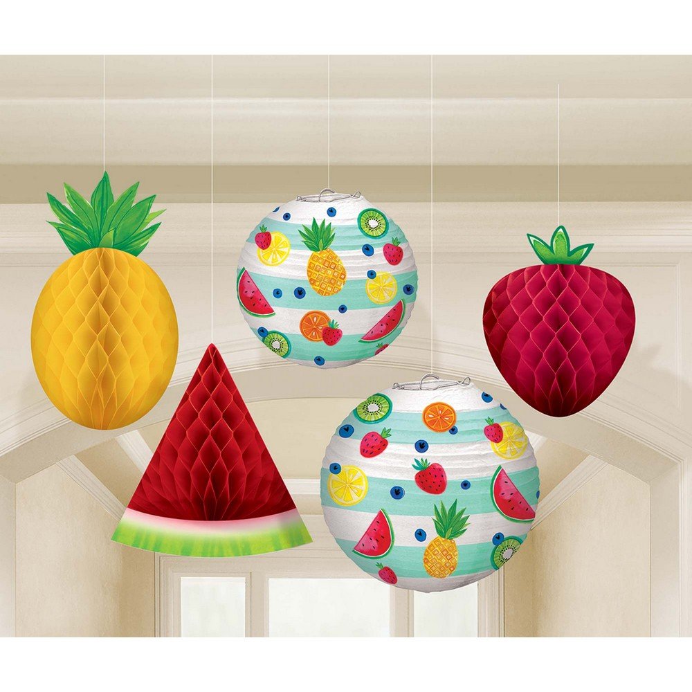 (PKT) Hawaiian Hanging Honeycomb Fruit Decorations (5 pk)