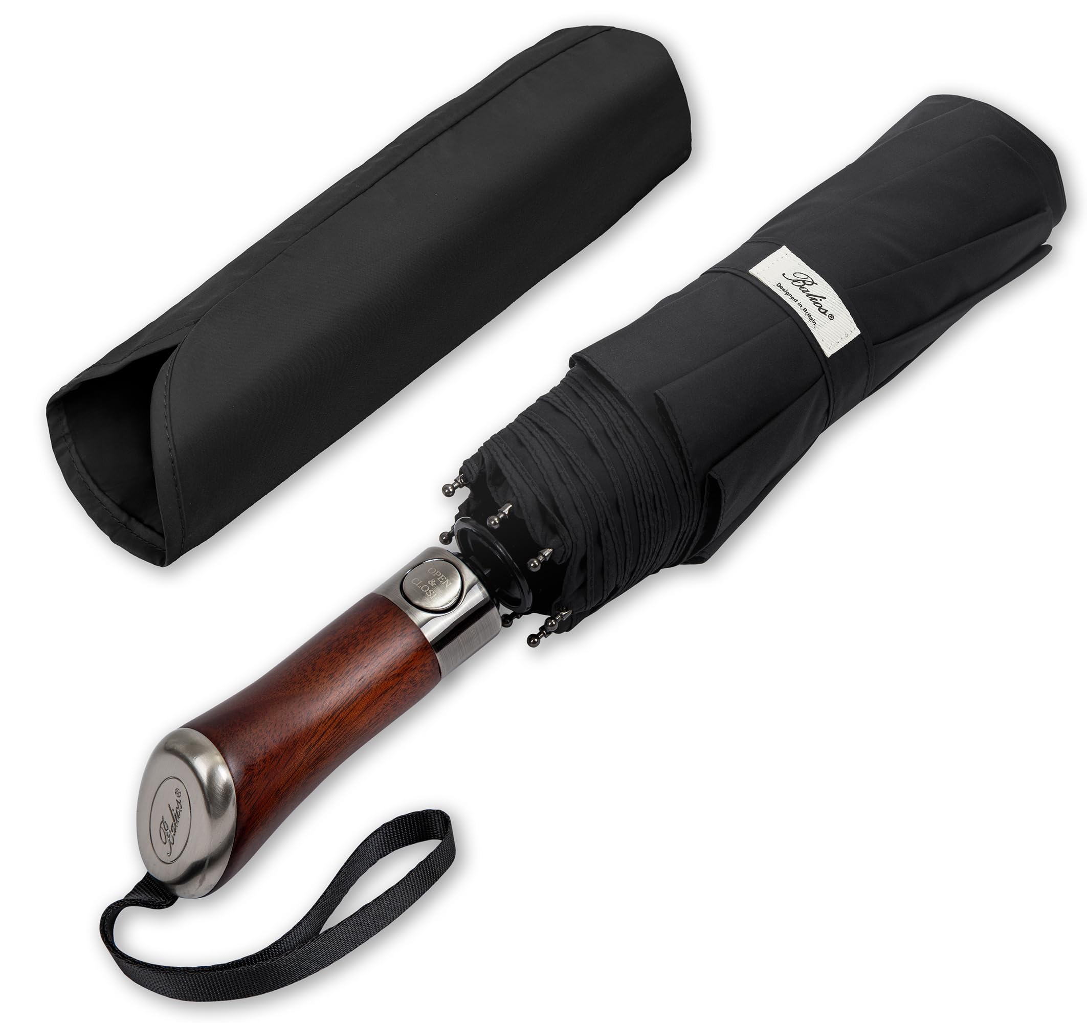 Balios (Designed in UK) Travel Folding Umbrella Lux Hardwood Handle Auto Open & Close Windproof Single Canopy (JET BLACK) โ image 1