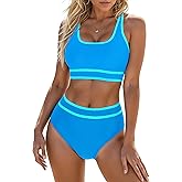 Blooming Jelly Womens High Waist Bikini Sets Sporty Color Block Two Piece Swimsuits Scoop Neck Cheeky Bathing Suits