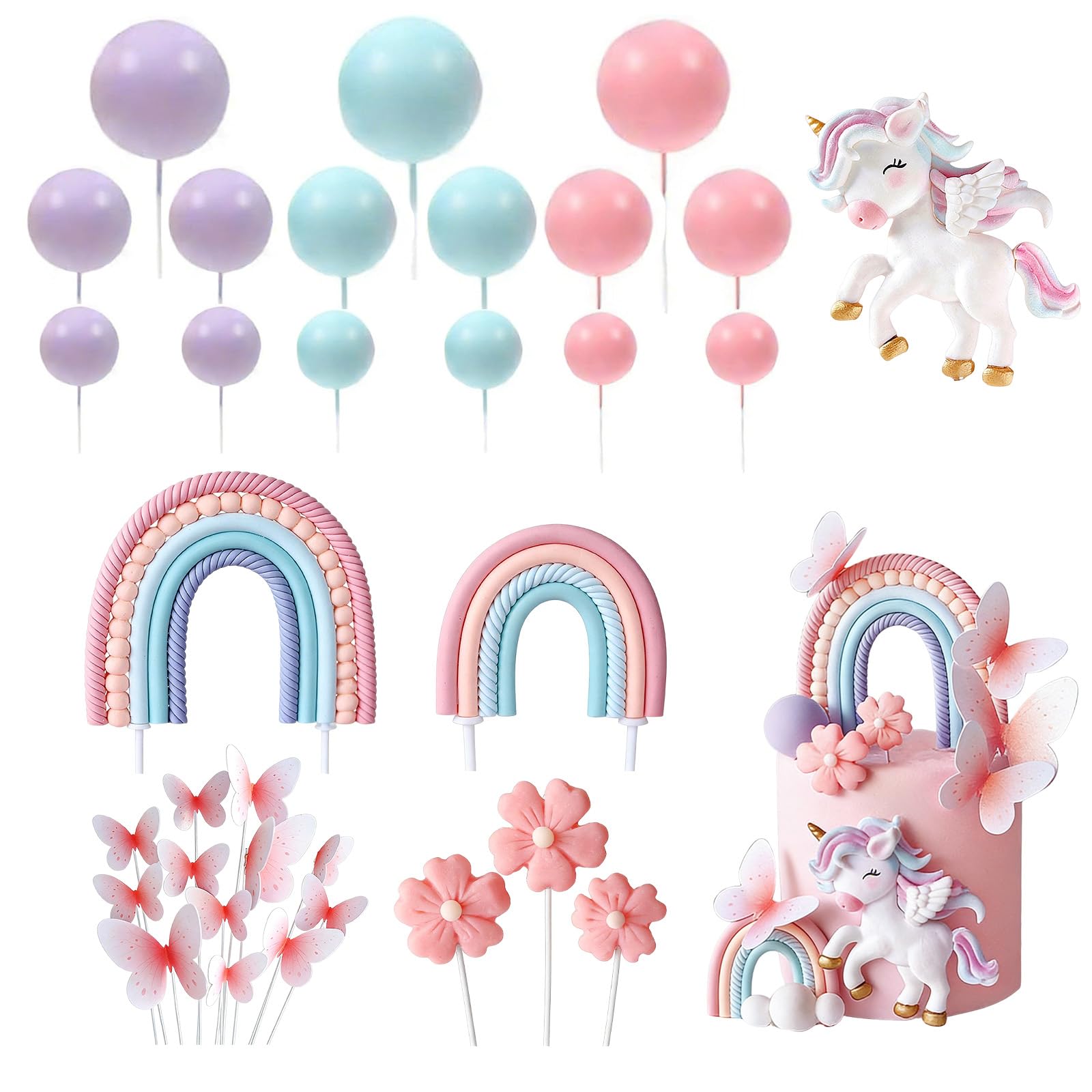 Unicorn Cake Topper,33 Pcs Unicorn Cake Decoration Rainbow Cake Topper,Unicorn Birthday Decorations Cake Decoration for Girls Boys Kids Birthday Party Baby Shower Supplies