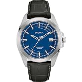 Bulova Men's Precisionist 3-Hand Calendar Stainless Steel with Black Leather Strap and Blue Dial Style: 96B257