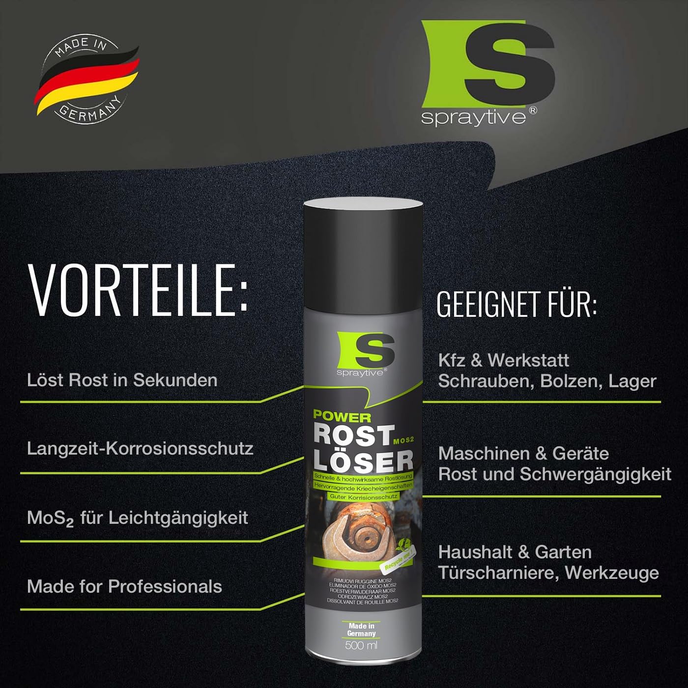 Spraytive 6 x 500ml Power Rostlöser MoS₂ Spray – Hochwirksamer Rostentferner mit Festschmierstoff – Kriechfähig, reibungsarm, korrosionsschützend – Für KFZ, Werkstatt & Industrie – Made in Germany 4