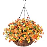 Ammyoo Artificial Hanging Flowers with Basket for Spring Outdoor Decor, Fake Mums Hanging Plant, Faux Daisy Flowers Uv Resistant for Patio Garden Porch Deck Indoor Decoration(Orange)