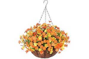 AMMYOO Autumn Artificial Hanging Flowers in Basket for Patio Garden Porch Deck Fall Decor, Artificial Daisy Arrangement,Fake Plants in 12 inch Coconut Lining Basket for Outdoor/Indoor(Orange)
