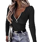 OwnTime Womens Sexy Tops Long Sleeve Henley Shirts Fitted Low Cut Tops Ribbed Zipper V Neck Cleavage Fall Shirts Blouses
