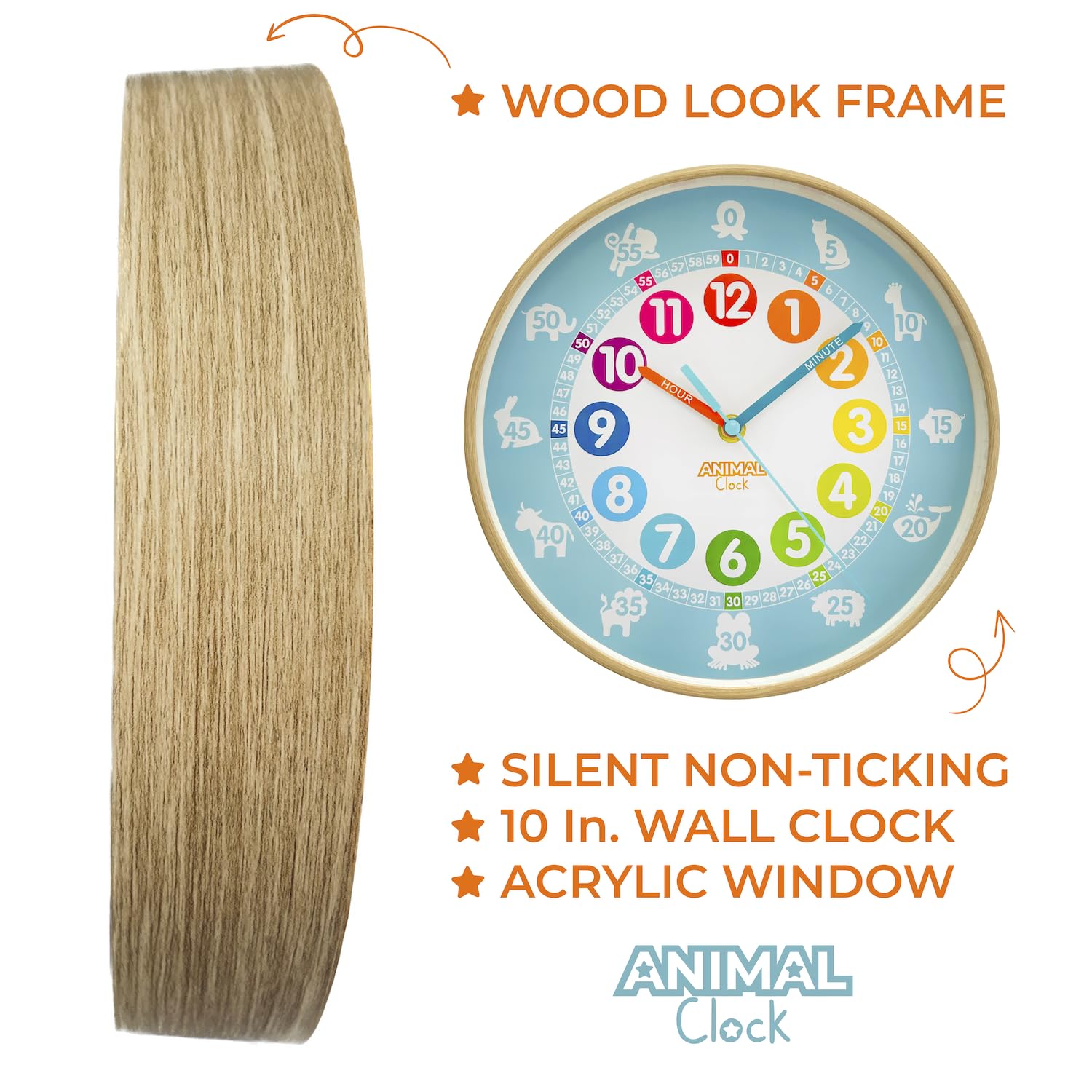 Animal Preschool Clock - Time Teacher 10 Inch Educational Silent Wall Clock with Wood Look Frame - Easy to Read Dial for Teacher's Classrooms, Preschooler's Bedroom & Children Playroom