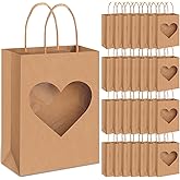 Eersida 24 Pcs Valentine's Day Gifts Bags with Heart Window Kraft Brown Paper Goodie Bag Bulk Holiday Candy Treat Wrapping with Handle for Galentines Wedding Birthday Party Supplies, 8.3"x5.9"x3.2"