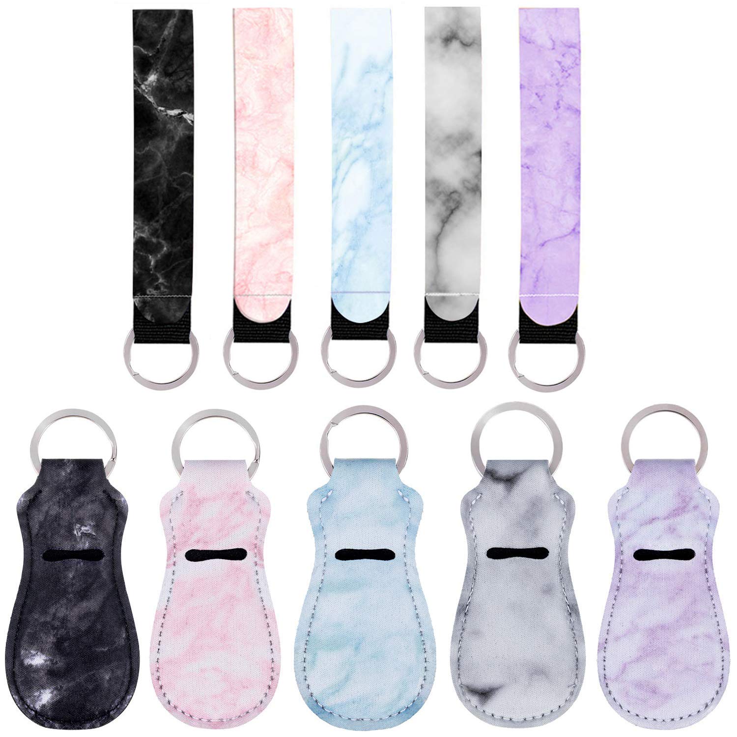 10 Pack Marble Chapstick Holder Keychain Lipstick Holder Keychains Chapstick Keyring Holder and Key Chain Lanyard Wristlet for Chapstick Tracker Safeguard (Marble A)