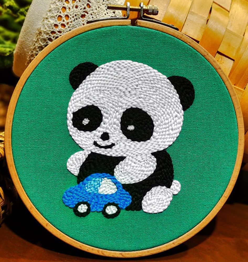 Abillyn Punch Needle Starter Kit for Beginner, Punch Needle Fabric with Little Panda Playing with Car Pattern Yarn Hoop and Embroidery Pen (Little Panda 2), (YW-2022-4)