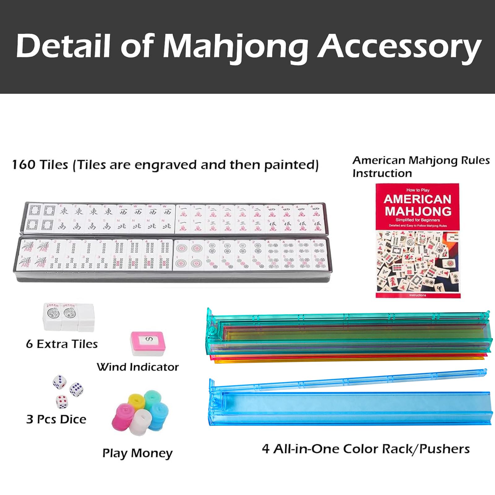 American Mahjong Game Set, 166 Quality White Tiles, 4 All-in-One Color Rack/Pushers, Mahjong Tile Set with Blue Printed Carrying Bag