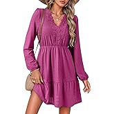 Dokotoo Spring Dresses for Women 2026 Elegant Lace Hollow Out Embroidered V Neck Long Sleeve Casual A-Line Swing Mini Dress