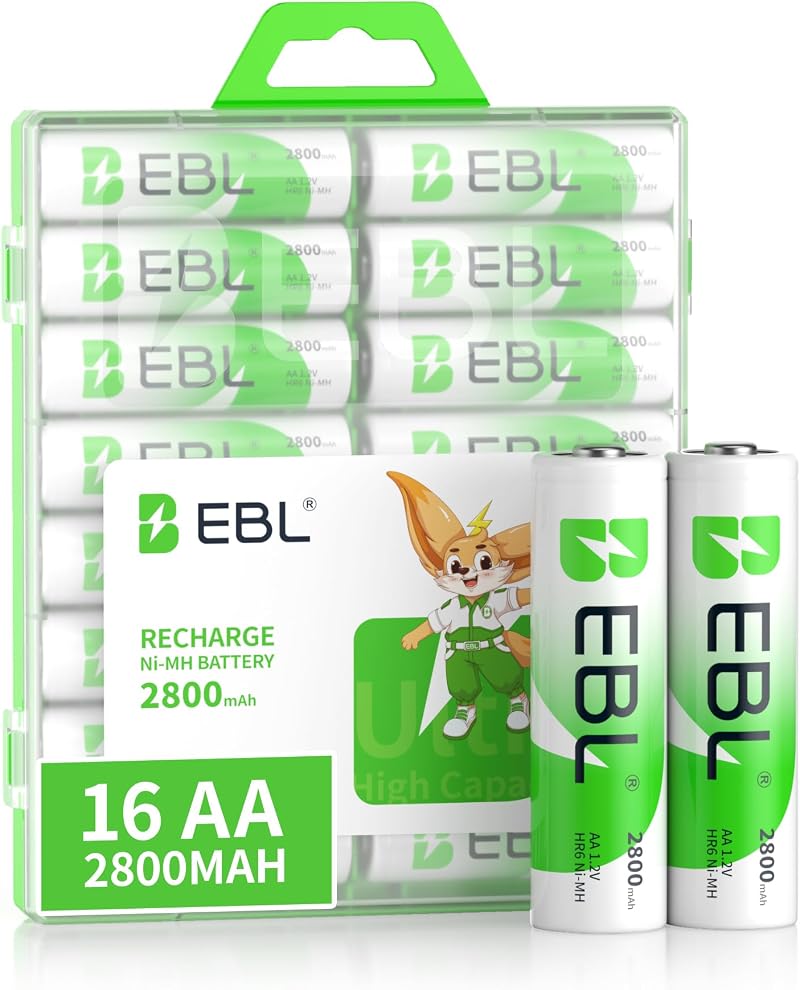 EBL 2800mAh AA Ni-MH Rechargeable Batteries with Storage Case (16 Pack)