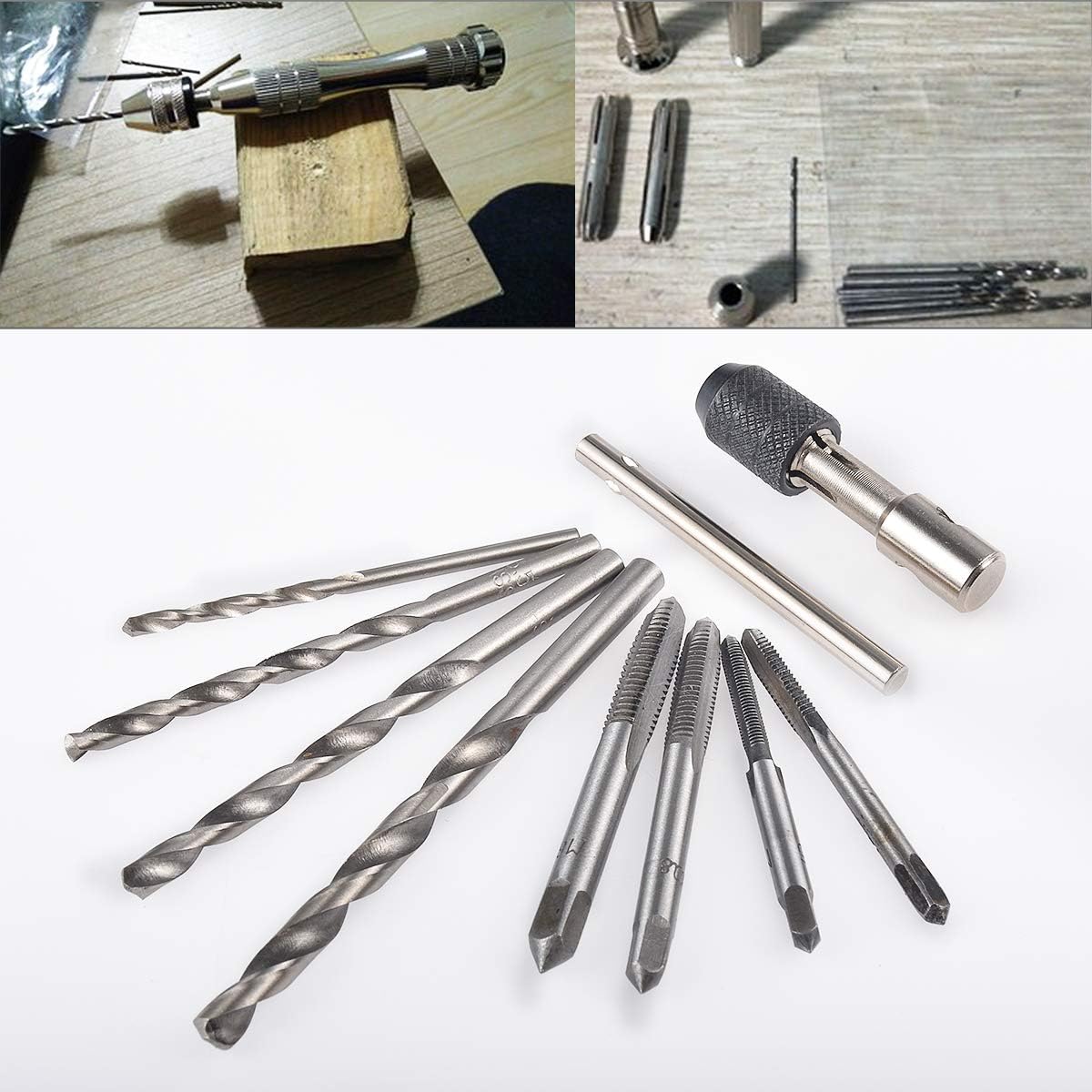 HOHXEN Adjustable T-Handle Ratchet Tap Holder Wrench + 4pcs M3-M6 Machine Screw Thread Metric Plug Tap + 4 x Twist Drill Bits