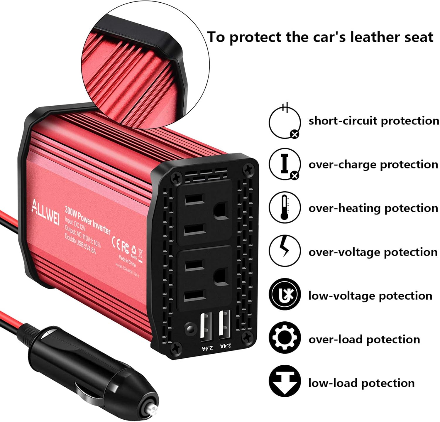 300W Car Power Inverter DC 12V to 110V AC Converter 4.8A Dual USB Charging Ports Car Charger Adapter: Automotive