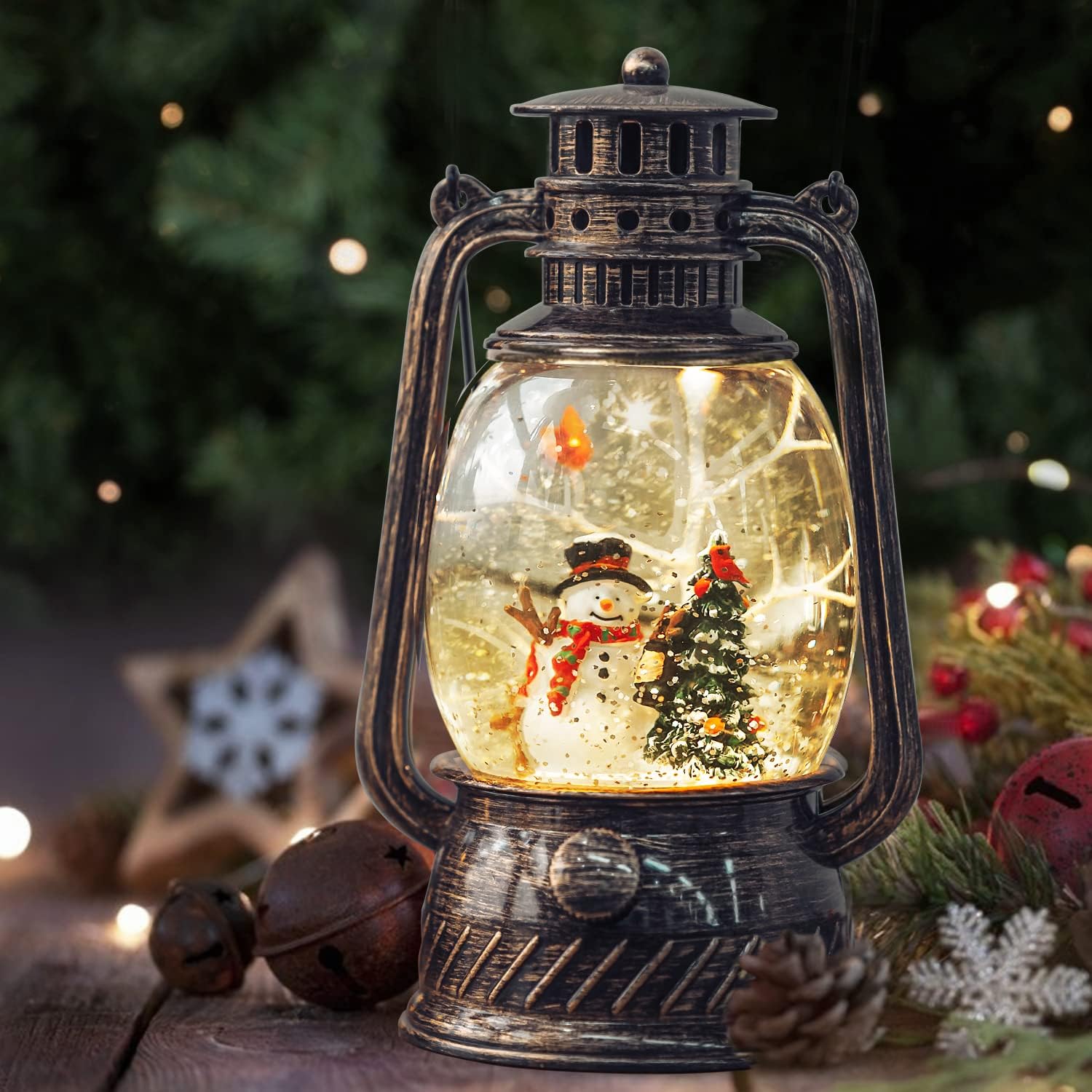 Snow Globes - SUNFACE Musical Christmas Snow Globe, Cardinal Snowman Scene Decorations with Timer Swirling Singing Water Glittering Water Lantern, USB/Battery