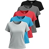 Real Essentials 5 Pack: Women's Breeze Tech Short Sleeve T-Shirts Athletic Tops Gym Workout Yoga Tennis Activewear (Plus)