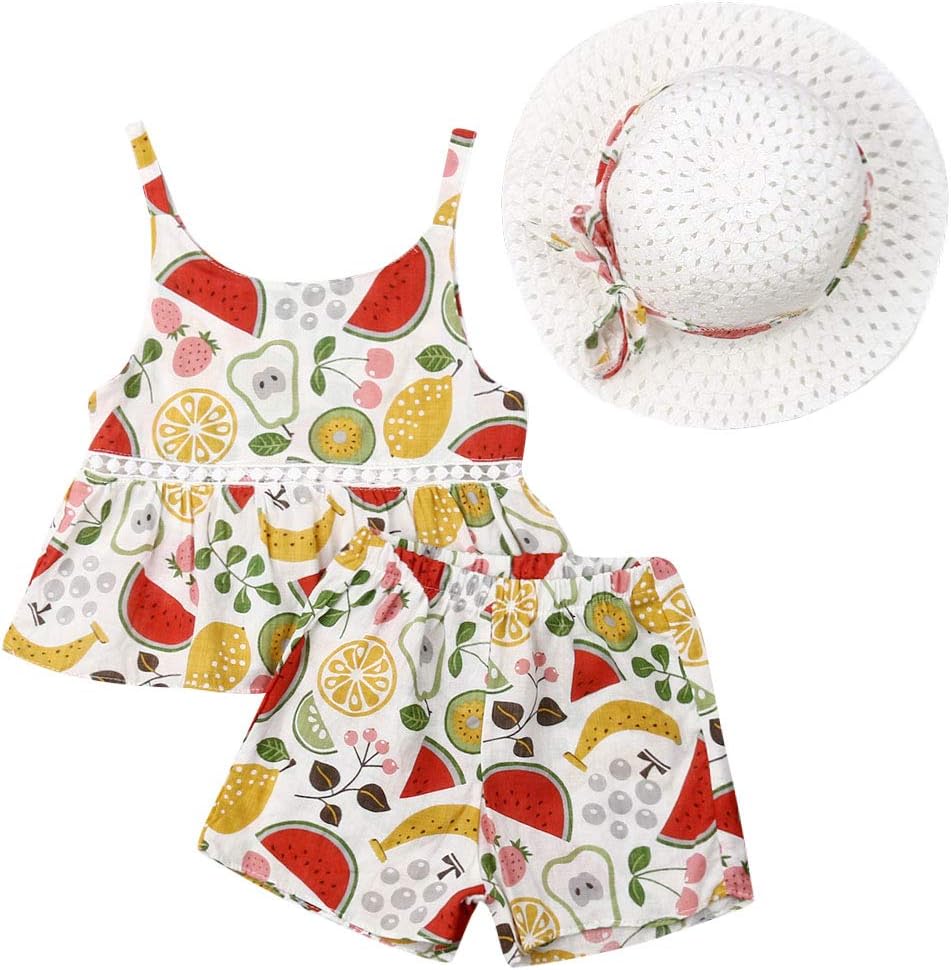 Toddler Baby Girl Summer Outfits Set Halter Ruffle Tutu T-Shirt Vest+Floral Fruit Print Shorts+Sunhat Clothing Set