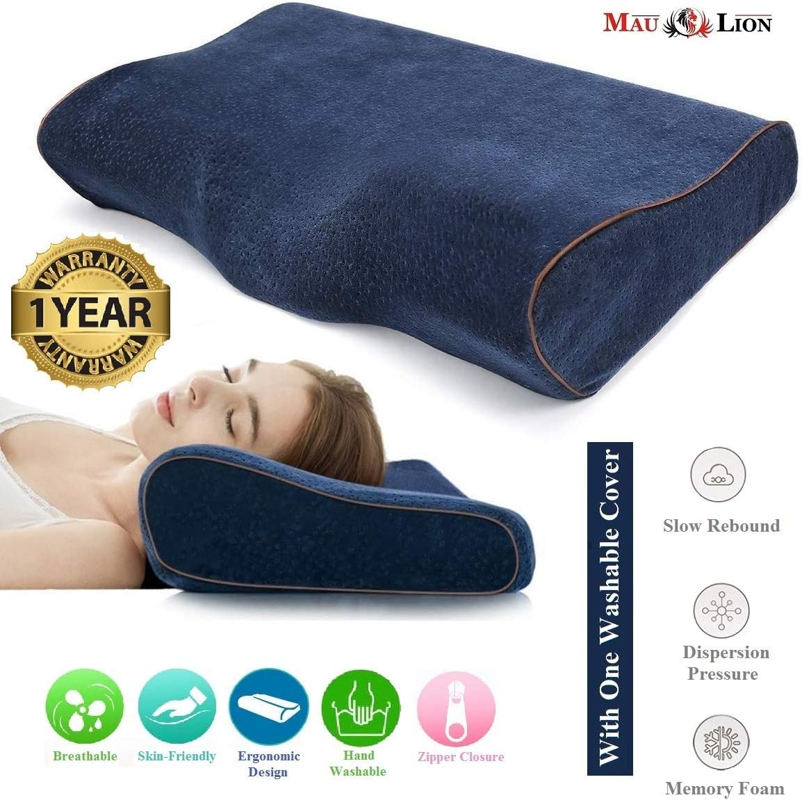 MAULION™ Orthopedic Memory Foam Cervical Neck Pain Relief Contour Sleeping Pillow (Navy Blue)