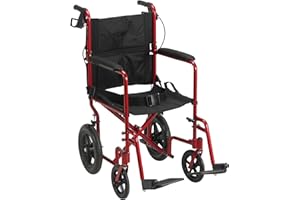 Drive Medical Lightweight Expedition Folding Transport Wheelchair - Ultra Lightweight Mobility Support for Seniors & Adults - Strong Aluminum Frame - Hand Brakes - Compact Folding Travel Chair - Red