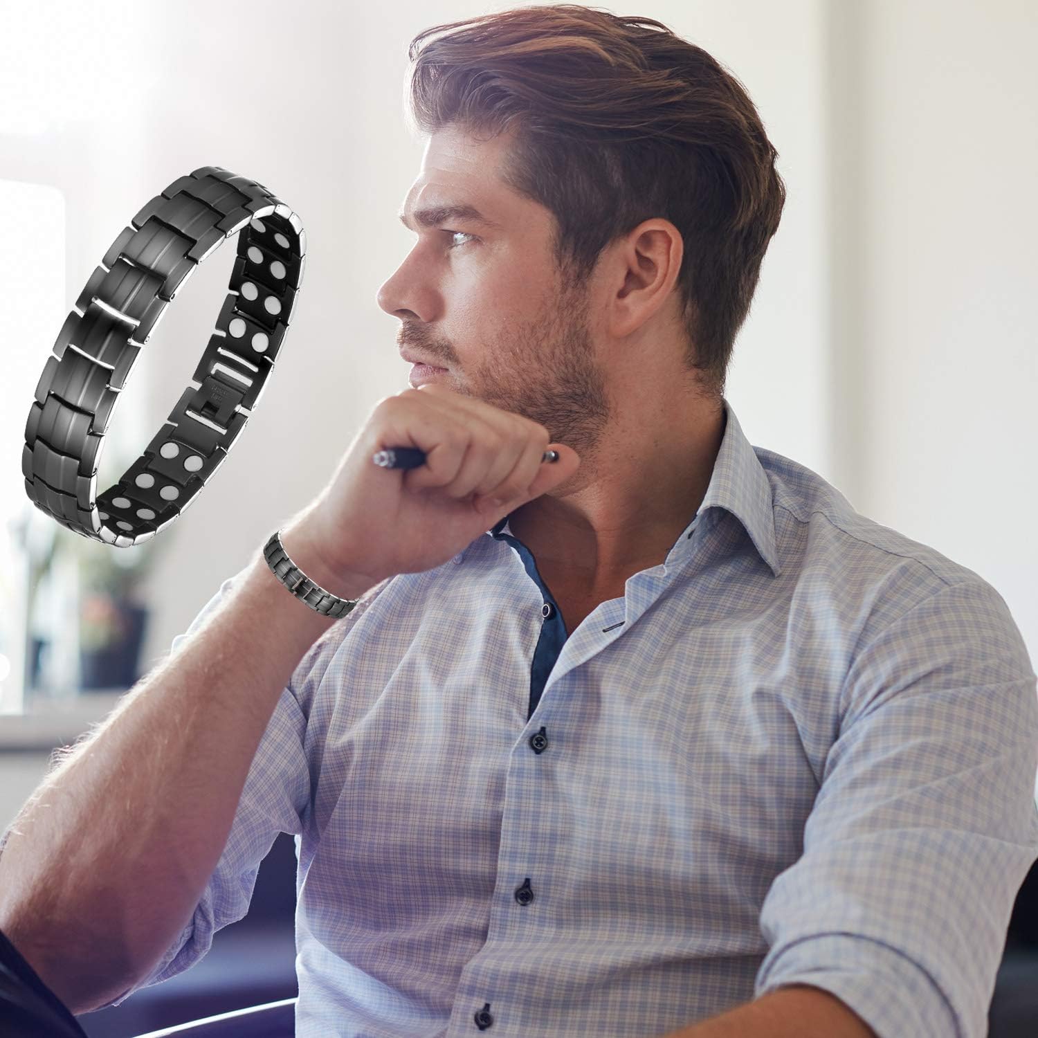 Wincone Magnetic Bracelet For Mens Elegant Gray Stainless Steel Ultra Strength Double Row 44 Pcs 3500 Gauss Magnetic Therapy Bracelets Pain Relief for Arthritis & Carpal Tunnel, with Removal Tool: Jewelry