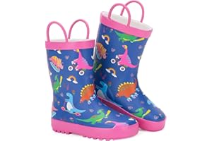 FUNCOO PLUS Toddler Rain Boots Kids Waterproof Rubber Boots for Boys and Girls with Handles in Fun Pattern