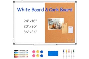 WALGLASS Combination Magnetic White Board & Cork Board, 36"x24" Cork Board White Board Combo for School, Office&Home, Dry Erase Board Bulletin Board with Removable Tray, Pins, Eraser, Markers&Magnets