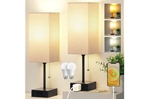 DOTT ARTS 15'' Table Lamp for Bedroom set of 2,3-Color Bedside Lamps with Pull Chain Table Lamps for Night stands with AC Outlet,Small Night Light Lamps with 2 Bulbs Lamps for Living Room Kids Room Office Decor