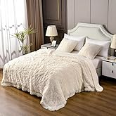 YUSOKI Cream White Queen Faux Fur Blanket,2 Layers,90"x90" Without Pillows Big Soft Plush Fuzzy Large Warm Fluffy Throw Blanket for Bed