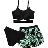 Dearnow Girls Swimsuit 3 Piece Bathing Suit Criss Cross Bikini Set Girls' Swimwear with Shorts 7-16T